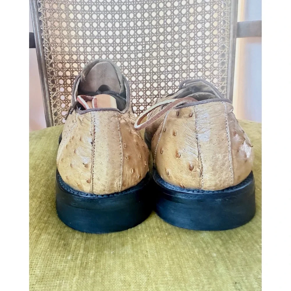 Men's Genuine Ostrich Leather Oxford Shoes Tan Square Toe 12
